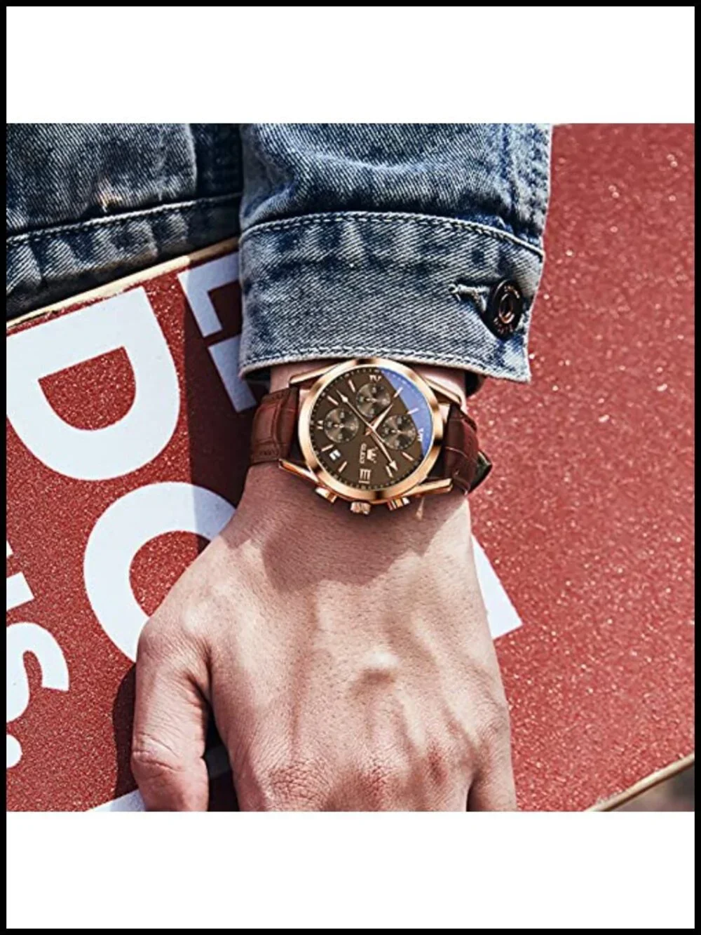 Men's Leather Chronograph Watch Big Face Roman Numeral Quartz 40mm